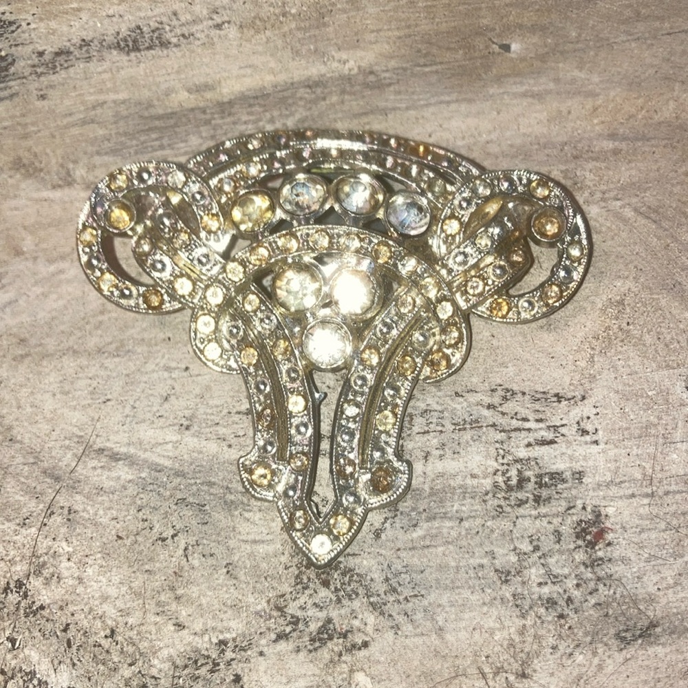 Vintage JNC Pot Metal Dress Clip with Paste Stones in Art Deco - Clear Crystals